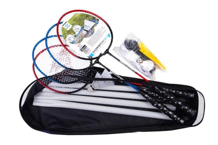 Badminton Net Set 4 Spelers – Blauw/Roze Inclusief 2 Rackets, Net, Staanders & Shuttles – Recreatief spel – Engelhart
