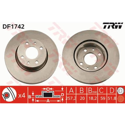 Remschijf TRW DF1742 voorkant, geventileerd, 1 Stuk