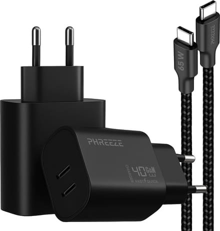 Phreeze usb C adapter 40 W - Usb c naar usb c kabel 1 meter - Power Delivery snellader met 2 poorten