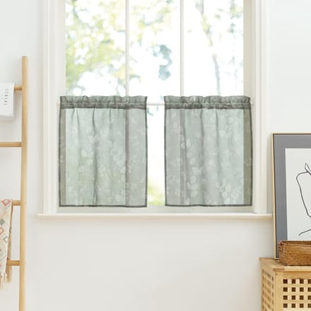 Raamgordijnen set van 2 - Vitrage - Kort 60 x 45 cm - Linnenlook - Saliegroen - Wit bladpatroon