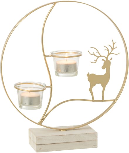 J-Line theelichthouder Rendier - hout - goud/wit