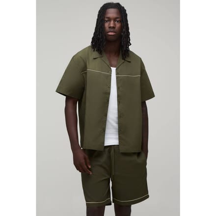 Katoenen Popeline Oversized Shirt & Relaxed Short Set Met Biesdetail | Olive | Size Medium