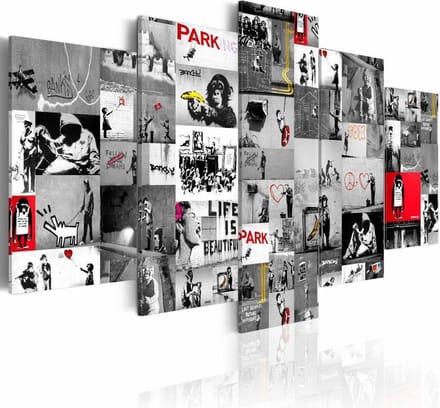 Schilderij - Collage Banksy, Grijs/Rood, 5luik