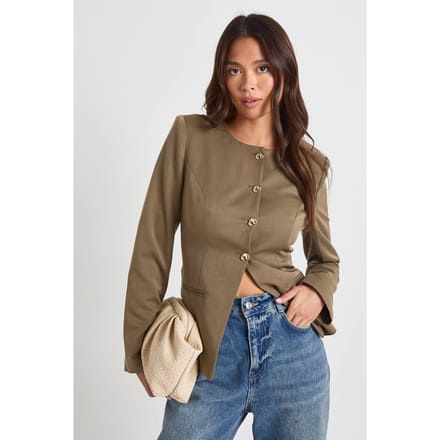 boohoo Dames Gouden accenten kraagloze getailleerde blazer | Kaki | Maat: 40