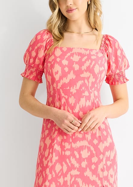 Roze Dierenprint Vierkante Hals Viscose Midi Dress