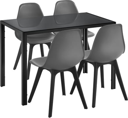 Eethoek Delft glazen eettafel met 4 stoelen zwart en grijs
