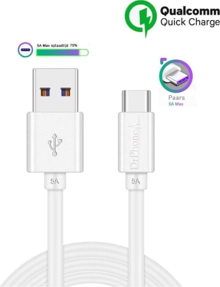 DrPhone FC1 - USB-C SuperCharge Kabel - 5A Output - Data + Oplaadkabel - 2 Meter - Geschikt voor HUAWEI - Wit