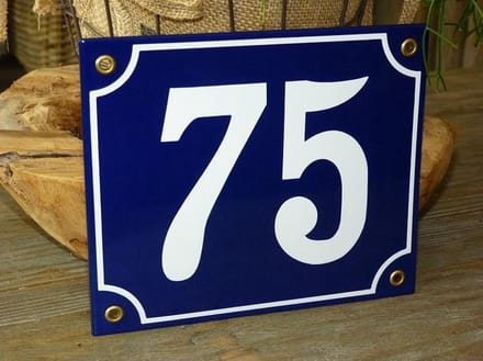 Emaille huisnummer 18x15 blauw/wit nr. 75