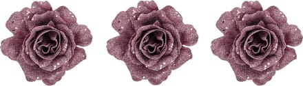Kerstboomversiering Bloemen - 4x - 10 cm - roze glitter - op clip - ornament