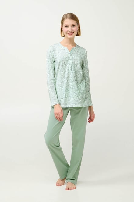 Vamp - Dames pyjama katoen fleece – groene zebra-print top en effen broek - L