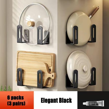 Support de couvercle de casserole sans perforation, support de cuisine, planche à découper murale, planche à découper, support d'artefact de rangement mural multifonctionnel Elegant Black 6 Pack (3 Pairs)