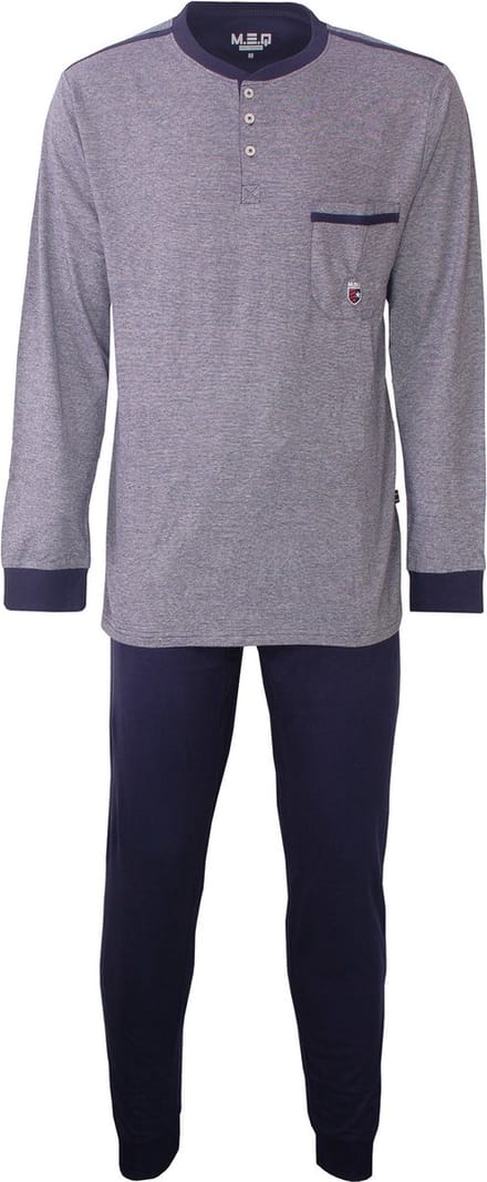MEQ Heren Pyjama - Polo Sluiting - 100% Katoen - Blauw - Maat S