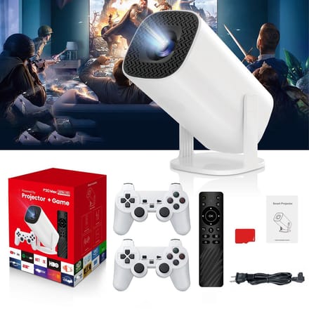 TEKROA® Smart Mini Beamer – Game Console & Projector in 1 – 4K Support – met WiFi 6 & Bluetooth 5.4 - Met 2 Draadloze Controllers – Auto Keystone – Wit
