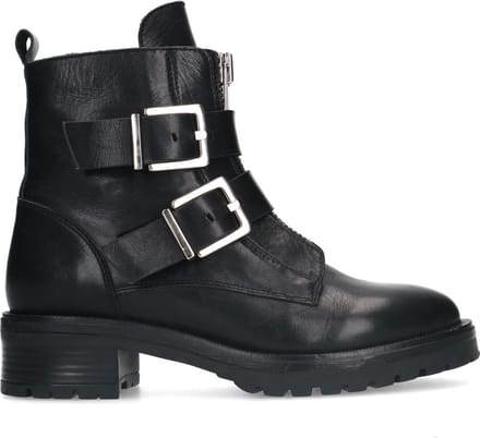 Sacha - Dames - Zwarte leren biker boots met zilverkleurige gespen - Maat 36