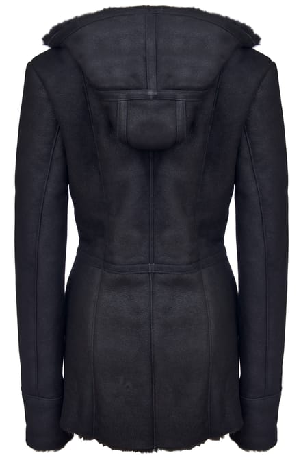 Dames zwart Merino schapenvachtjack met capuchon-Mandalay
