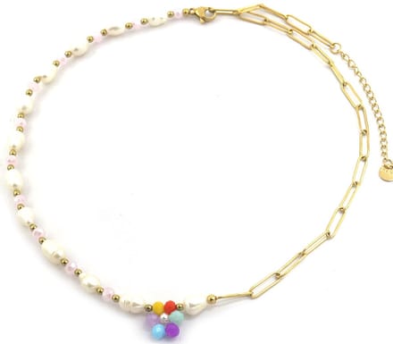 Ketting - Kunstparels en Bloem - RVS - Lengte 40-45 - Goudkleurig