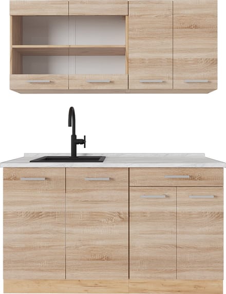 Vicco R-Line Eenpersoonskeuken – 140 cm, WB Marmer Sonoma/Goudkraft eik
