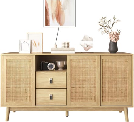 Dressoir – Opbergkast MDF Rattan met 3 Schuifdeuren - Eiken