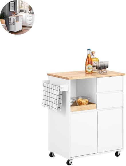 Keukeneiland - Verplaatsbaar - Keukenkast - Dressoir - Organizer - Kasten - Houten Werkblad - Wit