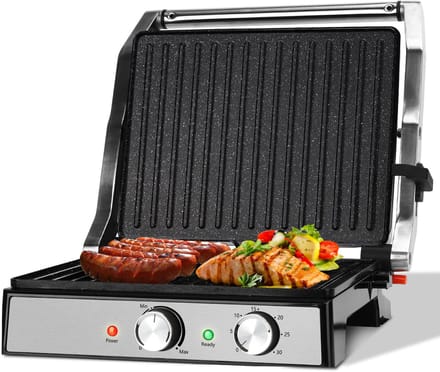 Aigostar Contactgrill - Tosti Apparaat Instelbare Temperatuur - Panini Grill - 29*23cm - PFAS-vrije keramische coating - Timer - 2000W - RVS