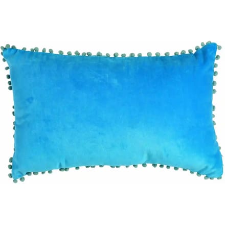 Velours sierkussen blauw met mint groene pompons 33x50cm