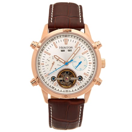 Heritor Automatic Wilhelm Semi-Skelet leren band horloge met dag/datum - bruin/roségoud