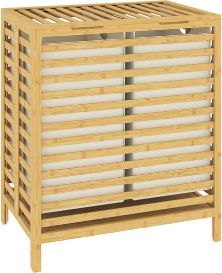 HOMCOM Wasmand-Bamboe, Polyester-55L x 36B x 64,2H cm-Natuurlijk hout + Crèmewit