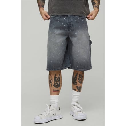 All Over Rhinestone Overdye Denim Jorts | Grey | Size 46