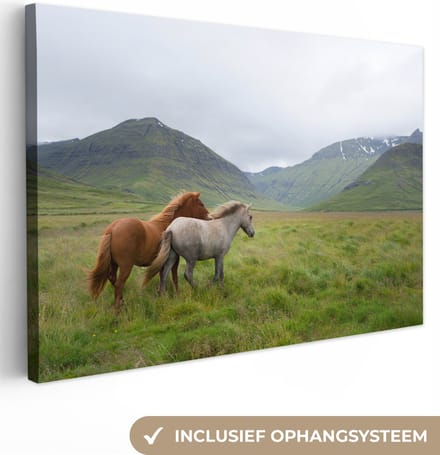 Canvas Schilderij Paarden - Gras - Bergen - 90x60 cm - Wanddecoratie