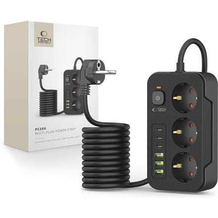 Tech-Protect - Stekkerdoos met 3 USB C en 3 USB A - Aan/Uit Schakelaar - 3 Stopcontacten - Zwart