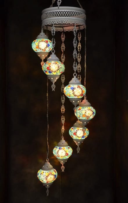 Hanglamp multicolour blauw glas mozaïek Oosterse lamp kroonluchter Crèmewit 7 bollen