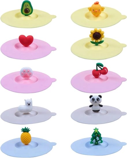 Herbruikbare siliconen deksels voor bekers en glazen - 10 designs, stofdicht en 10 cm diameter