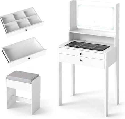 Kaptafel met 3 Kleuren LED Spiegel, Stopcontact en Kruk