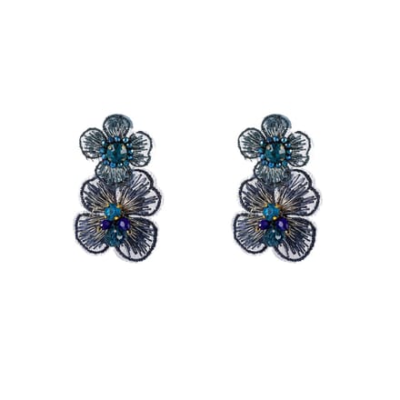 Go Dutch Label Oorknoppen Two Flowers Dangle Donker Blauw