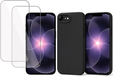 Technow hoesje + 2x Screenprotector geschikt voor iPhone 17e – Tempered Glass - Liquid Back Case - Cover - Zwart