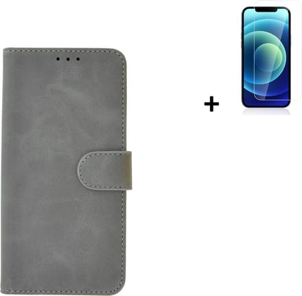 Geschikt voor iPhone 13 Pro Max Hoesje + iPhone 13 Pro Max Screenprotector - iPhone 13 Pro Max Hoes Wallet Bookcase Grijs + Tempered Glass