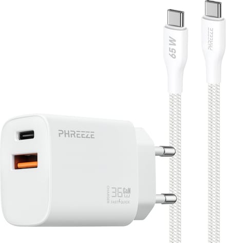 Phreeze usb C adapter 35w met usb C naar usb C kabel 1 meter - Snellader telefoon en tablet