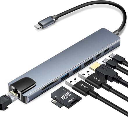 8-poorts USB-C-hub met USB, UBC PD, HDMI, RJ45, geheugenkaart