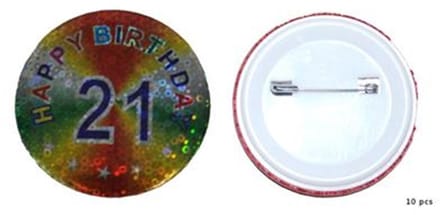 21 jaar BUTTON BROCHE HAPPY BIRTHDAY 55mm.