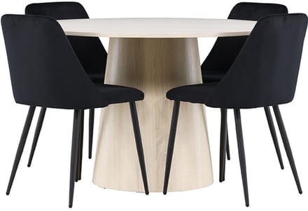 Lanzo eethoek tafel Ø120cm en 4 velours stoelen whitewash.