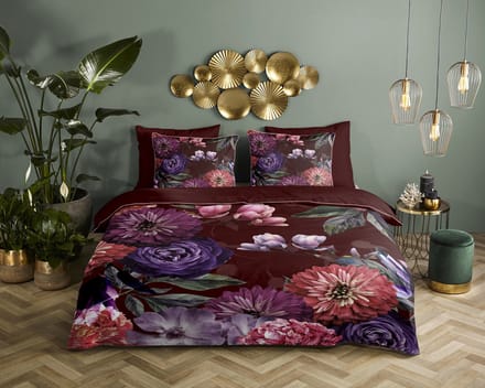 Descanso dekbedovertrek bloemen - 2 persoons 200x200/220 cm - Bordeaux - 100% Katoen satijn