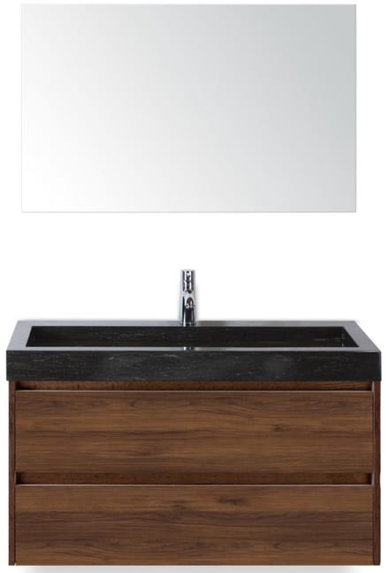 Dante Badmeubelset 100 cm - Walnoot - Wastafel Hardsteen Wit Lucca met Spiegel