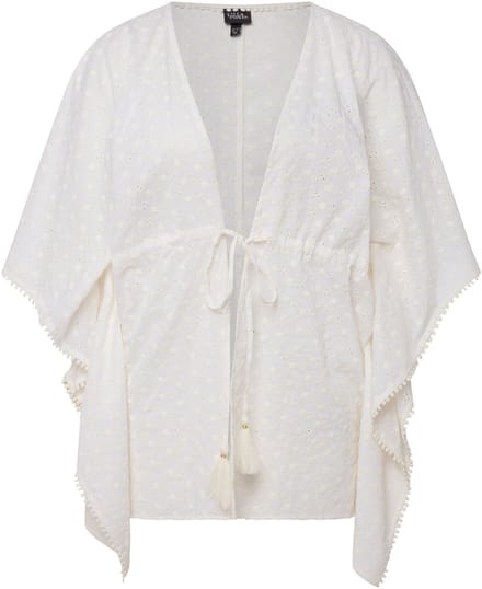 Ulla Popken - Dames - kimonoblouse opengewerkt kant oversized 3/4-mouwen - Sneeuwwit - Maat 2+