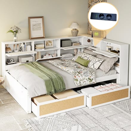 Sweiko Slaapbank - 140*200 cm - Met 2 Laden - Meerdere opbergvakken - Kinderbed - Wit