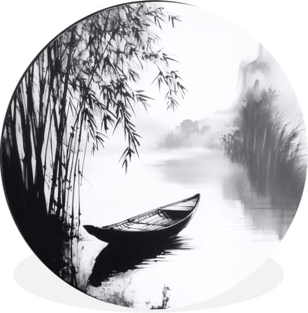 WallCircle - Wandcirkel - Muurcirkel - Boot - Rivier - Bamboe - Wit - Aluminium - Dibond - 60x60 cm - Binnen en Buiten