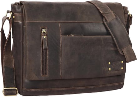 Vintage leren schoudertas met laptopcompartiment - Donkerbruin