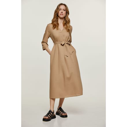 Beige linnen stijl midi jurk met ceintuur