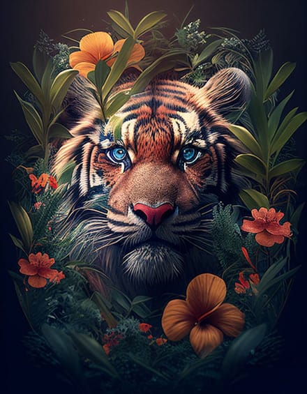 AI - Woondecoratie - Poster - Dieren - Tijger - Bloemen en jungle - 4 - 30 x 40 cm