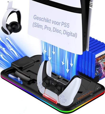 Docking Station Geschikt voor Playstation 5 (PS5 Pro, Slim, Digital & Disc) - Oplaadstation met Ventilatie, Headset Houder & Controller Oplader - Accessoires
