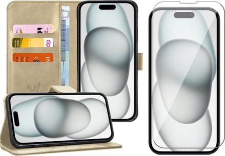 Hoesje geschikt voor iPhone 15 Plus - Screen Protector GlassGuard - Book Case Kunstleer Pasjeshouder Goud & Screenprotector